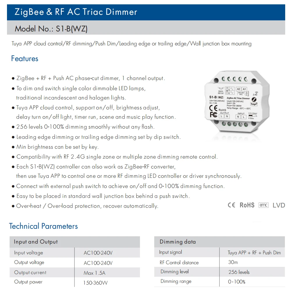 Ściemniacz LED Zigbee Tuya 220V 230V Smart RF 2.4G Push Switch Zdalne sterowanie AC Triac WIFI Ściemniacz S1-B WZ do jednokolorowej lampy LED