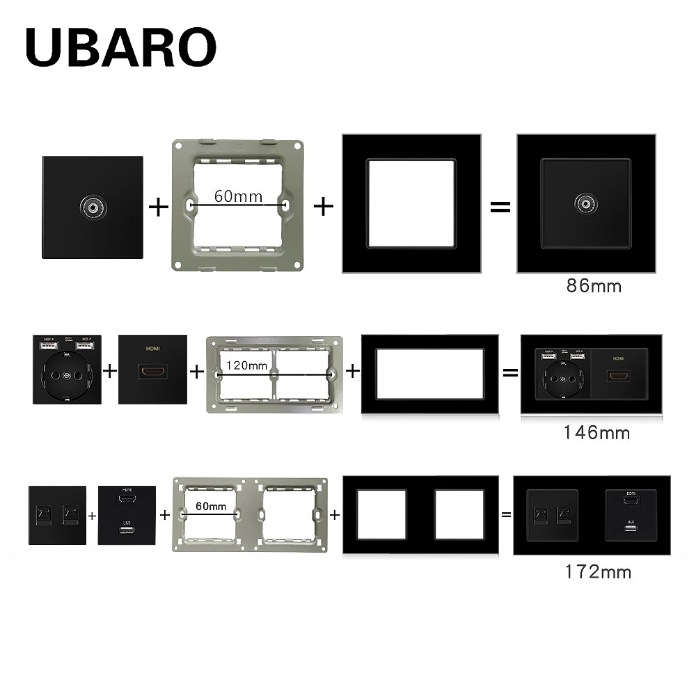 UBARO EU Standard Multi Size USB TV Computer Socket Touch Switch With Tempered Glass Frame Accessory Installation Black DIY Part