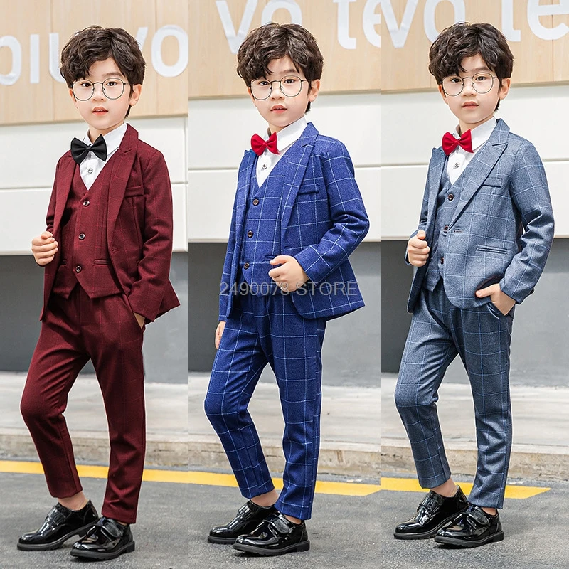 Japan Kids Formal Jacket+vest Pants 3pcs Wedding Suit Flower Boys baptism Birthday Dress Children Party Costume Clothing 2-12T