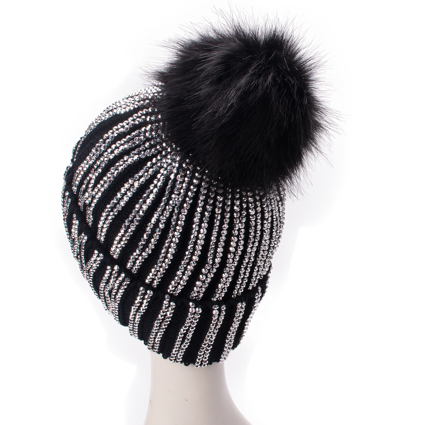 Lawliet Winter Hats Faux Fur Pom Pom Rhinestone Bling Style Women Beanies High Quality Warm Knitted Skull Cap A469