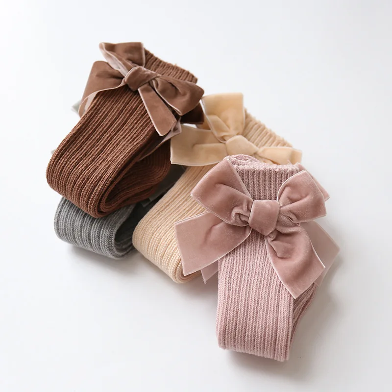 Winter Baby Knee High Socks Kids Cotton Big Bow Christmas Sock Solid Woolen Leg Warmers Girls Toddler Long Socks For 0-5Years