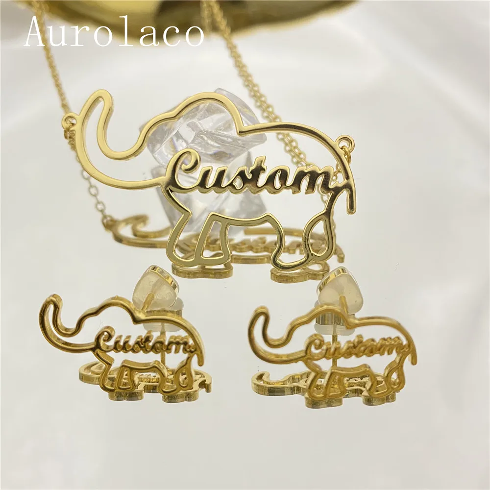 AurolaCo Elephant Jewelry Set Custom Name Necklace Personality Stainless Steel Elephant Pendant Necklace For Women Best Gifts