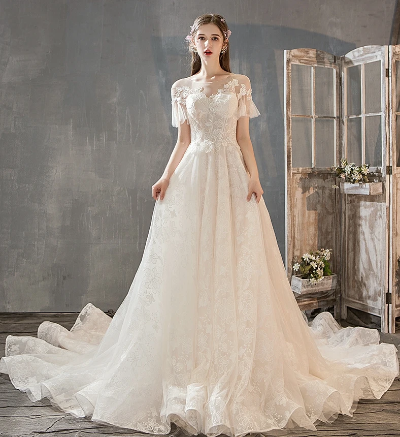 Vestido De novia elegante con cuello De ilusión, traje De boda con apliques De encaje, novedad, 2019