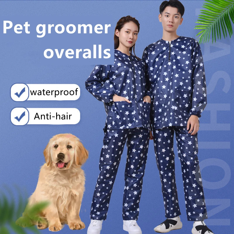 Pet Groomer Work Clothes Waterproof Non Sticky Hair Long Sleeved Trousers Grooming Clothes Barber Shop Hair Proof Overalls Y0621