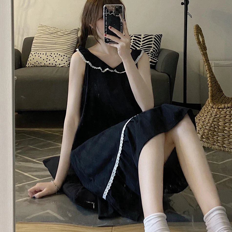 Solid Color Princess Style Sexy Slip Nightdress Women's V-neck Lace Design Thin Homewear Pajamas Summer gothic lolita dress