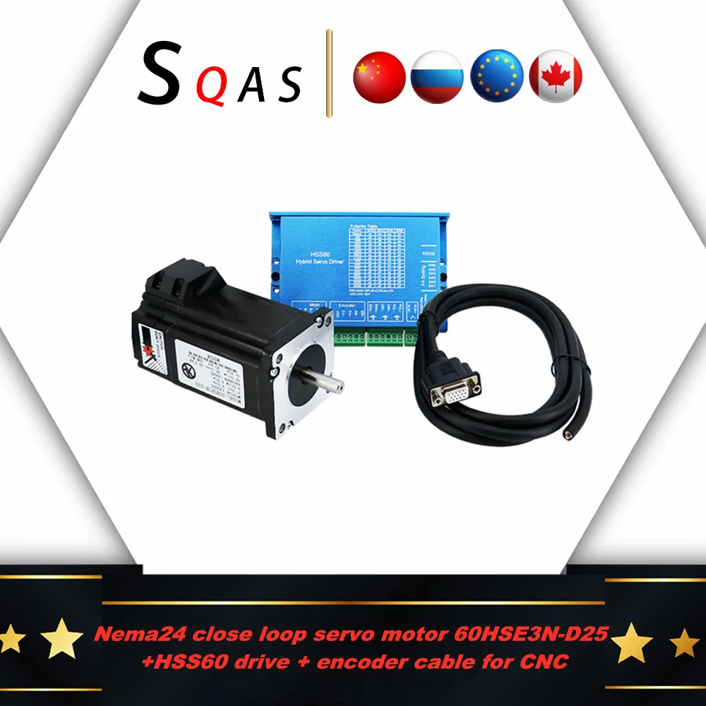 Eu warehouse Nema24 close loop servo motor 60HSE3N-D25 +HSS60 drive + encoder cable for CNC