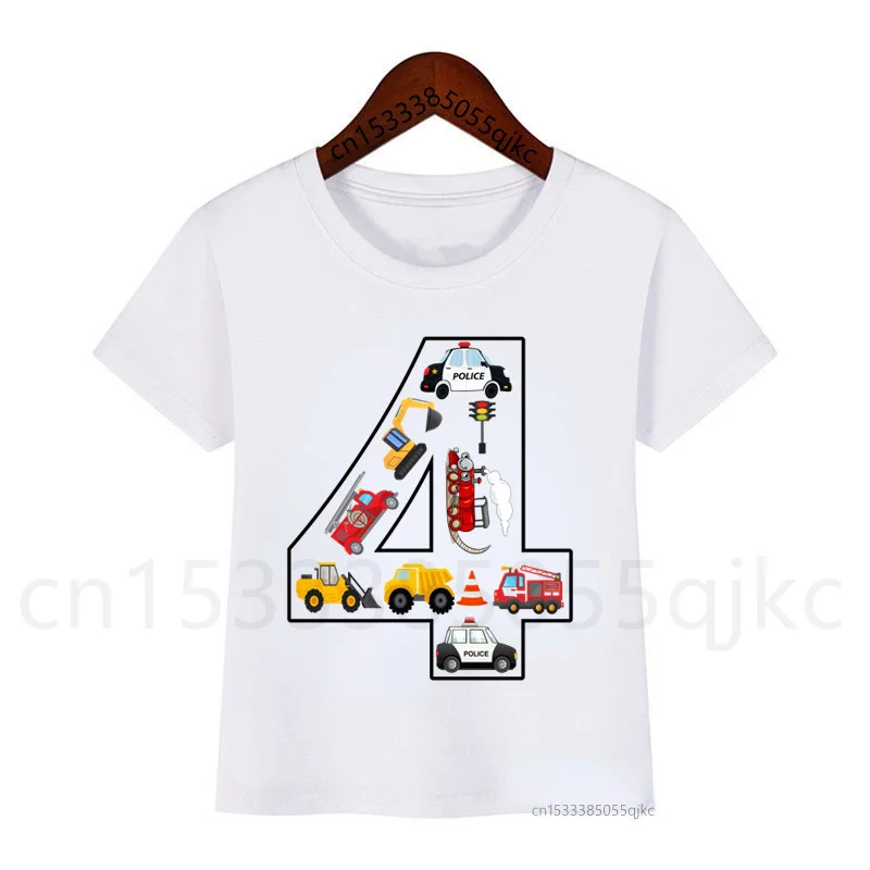 New Excavator Forklift Police Car Airplane Train Birthday Number Printing T-shirt Boy Girl Cute Funny Gift T-shirt Gift Set