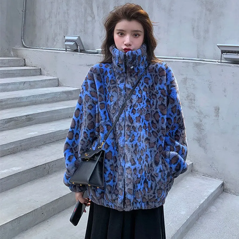 Winter Oversized Colorful Leopard Print Faux Fur Coat Women Long Sleeve Zip Up Warm Soft Fluffy Jacket Korean Fashion Parka 2022