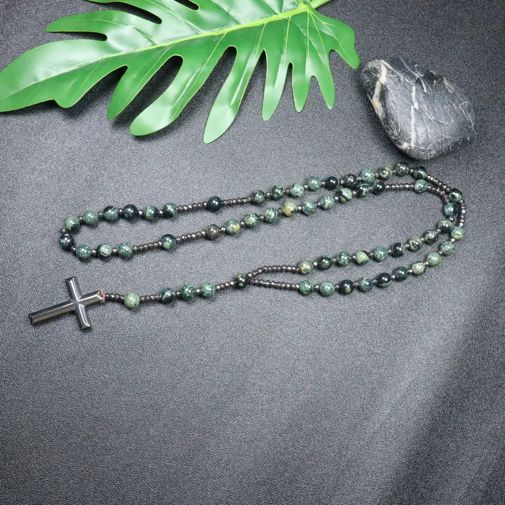 Trendy Crosses Pendant Necklace Catholic Christ Rosary Necklaces For Men Women 8mm Polar Jade Stone Beaded Meditation Necklace