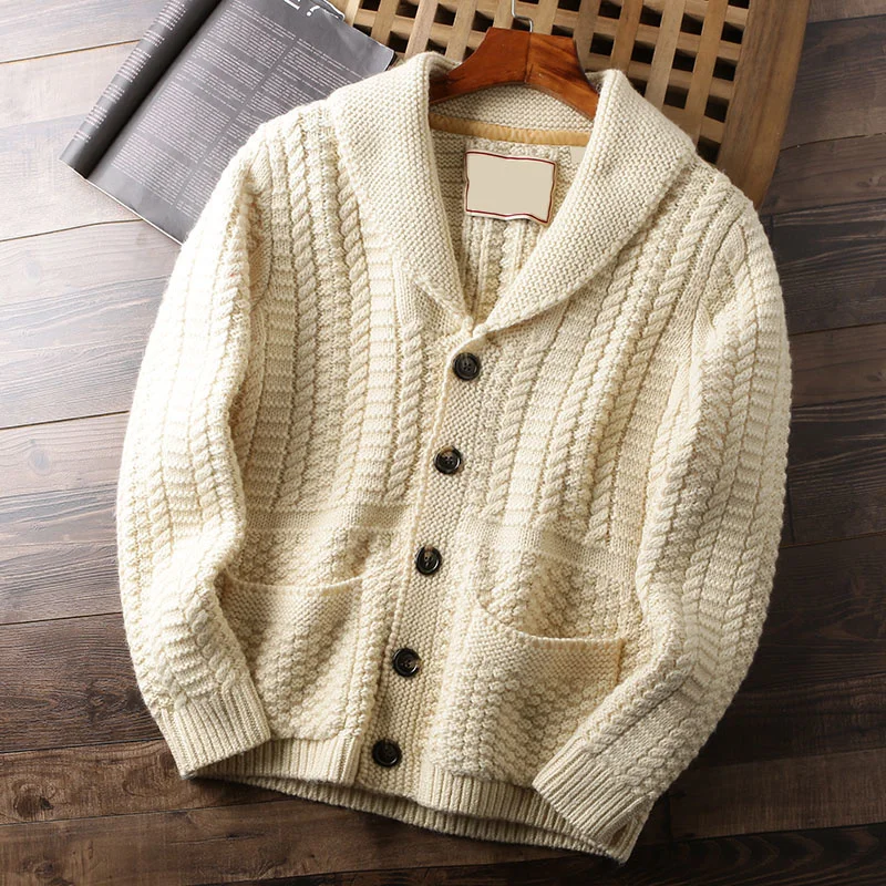 Cardigan Men Lapel Single-Breasted Pockets Twist-Flower V-Neck Sweaters Male Jackets Autumn Winter Casual Knitting Tops Korean