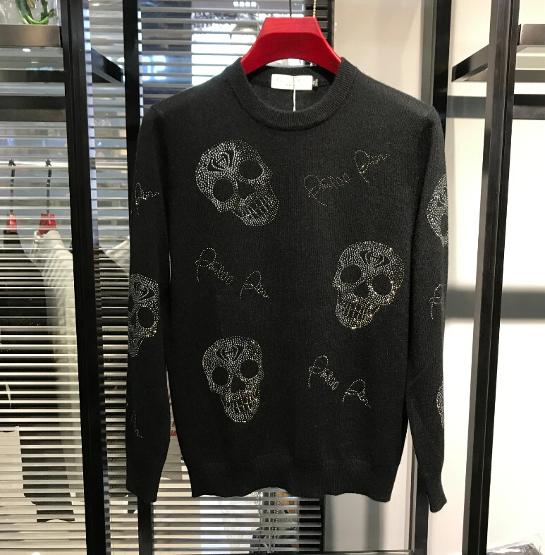 Pull de forage à chaud avec crâne pour hommes, coupe personnalisée, technologie lourde, style coréen, marque de mode, hiver 2020