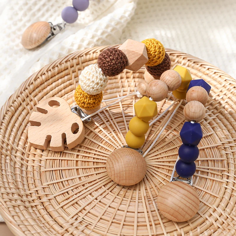 1Pc Baby Pacifier Chain Dummy Clips Holder Elephant Wooden Clip Crochet Beads Baby Teether Teething Chain Necklace Bracelet