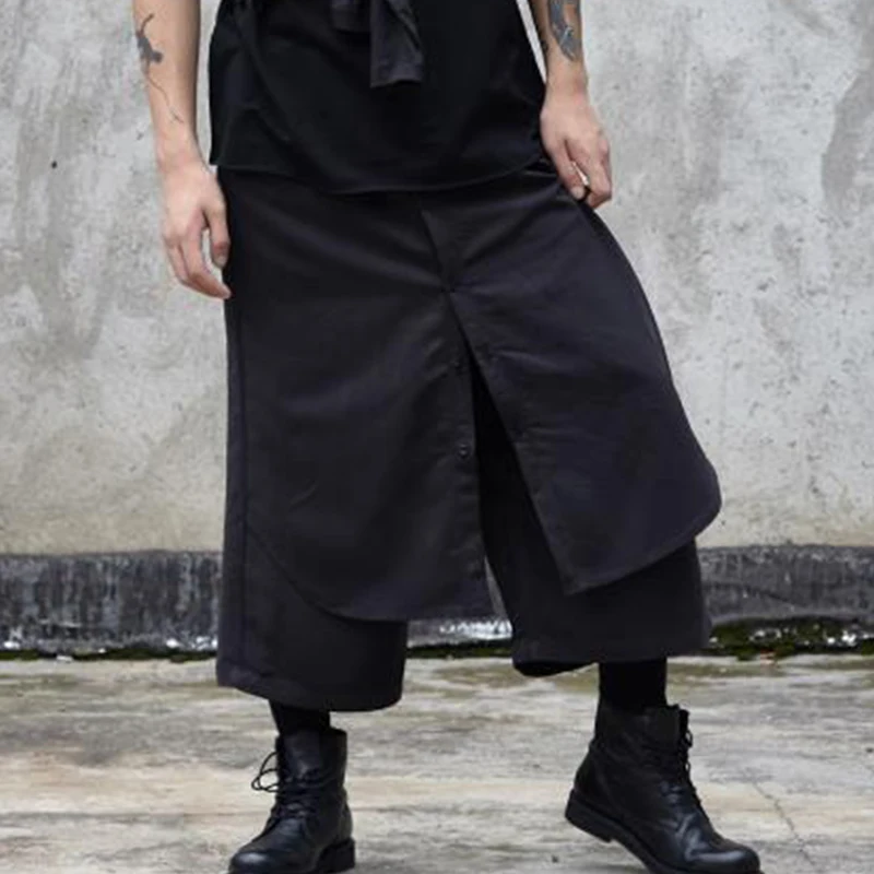 

Men's pants summer wide-leg pants slacks men's faux two-piece shorts culottes Black hip-hop Gothic punk Yamamoto style