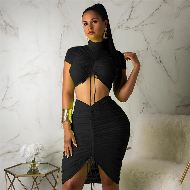 Neon Drawstring Bandage Two Piece Skirt Sets Women Turtleneck Ruched Crop Top + Mini Skirt Sexy Night Club Party 2 Piece Outfits