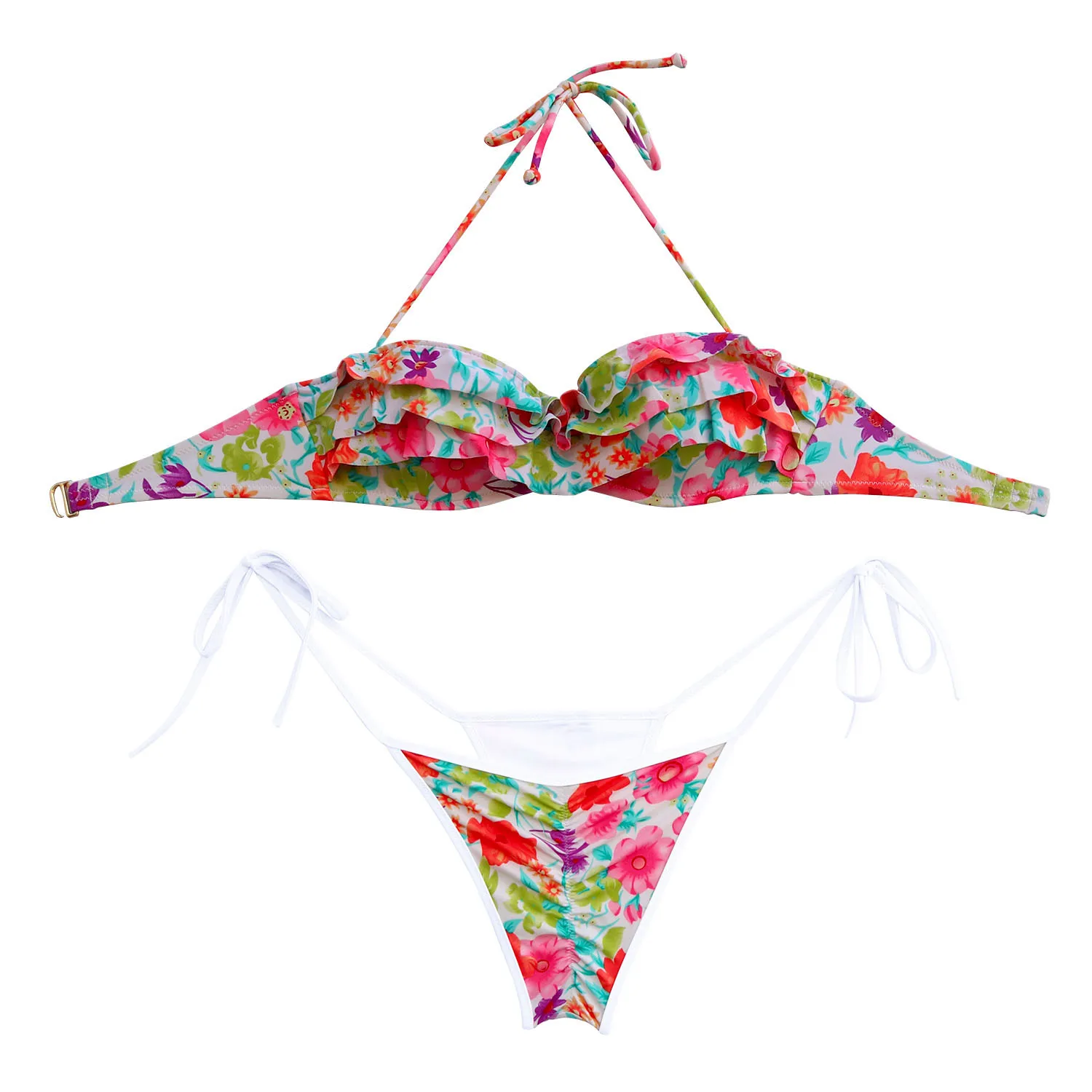 Women Sexy Gril Low Waist Bikini Sets Red Flowers Printing Swimsuit Push Up Swimwear Biquini Beachwear