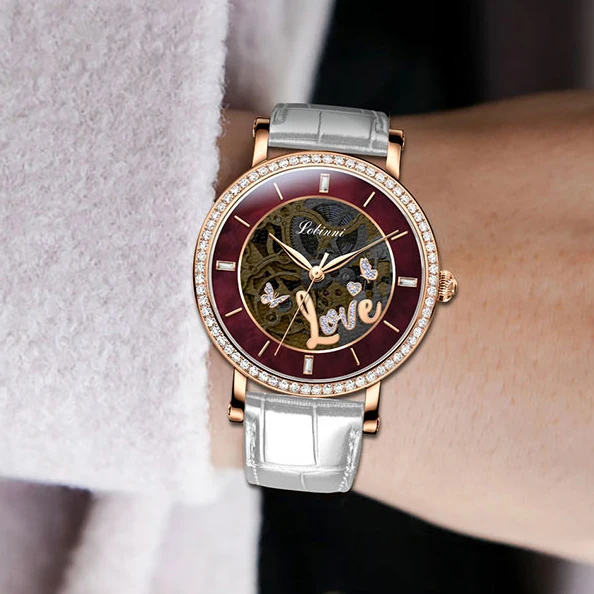 LOBINNI Ladies Automatic Watch 34mm Women Mechanical Wristwatch Skeleton Dial Sapphire Pearl Dial