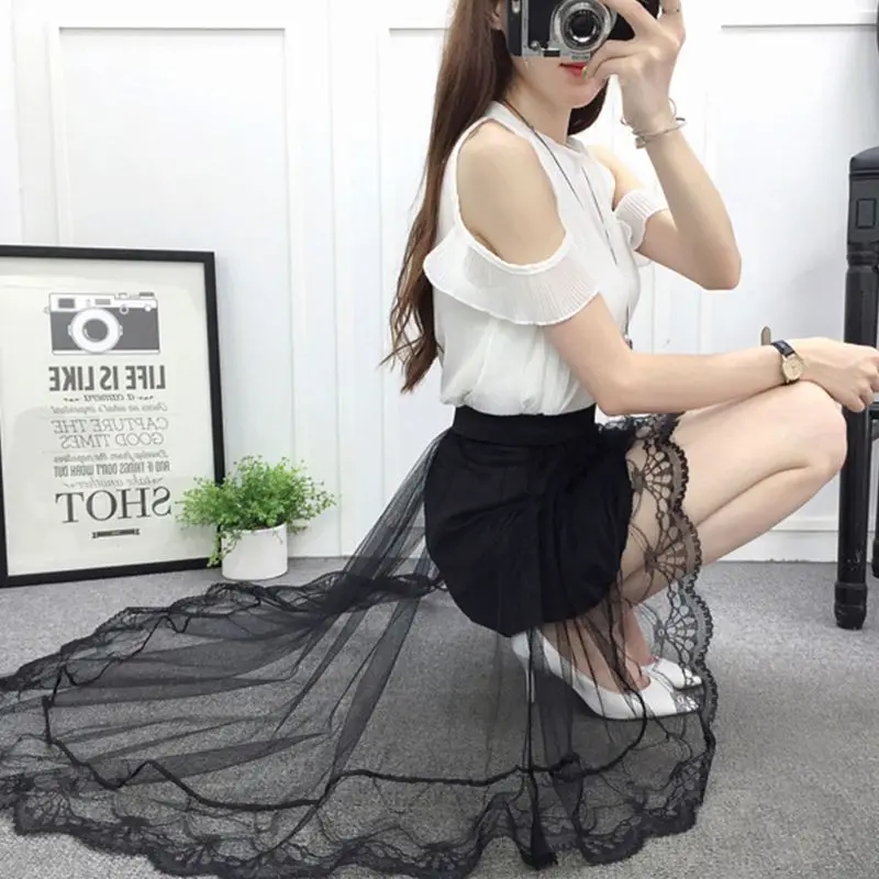 Women Girls Summer High Waist Layered Sheer Mesh Swallowtail Midi Long Skirt Asymmetric Scalloped Lace Hem Pleated Party Dress