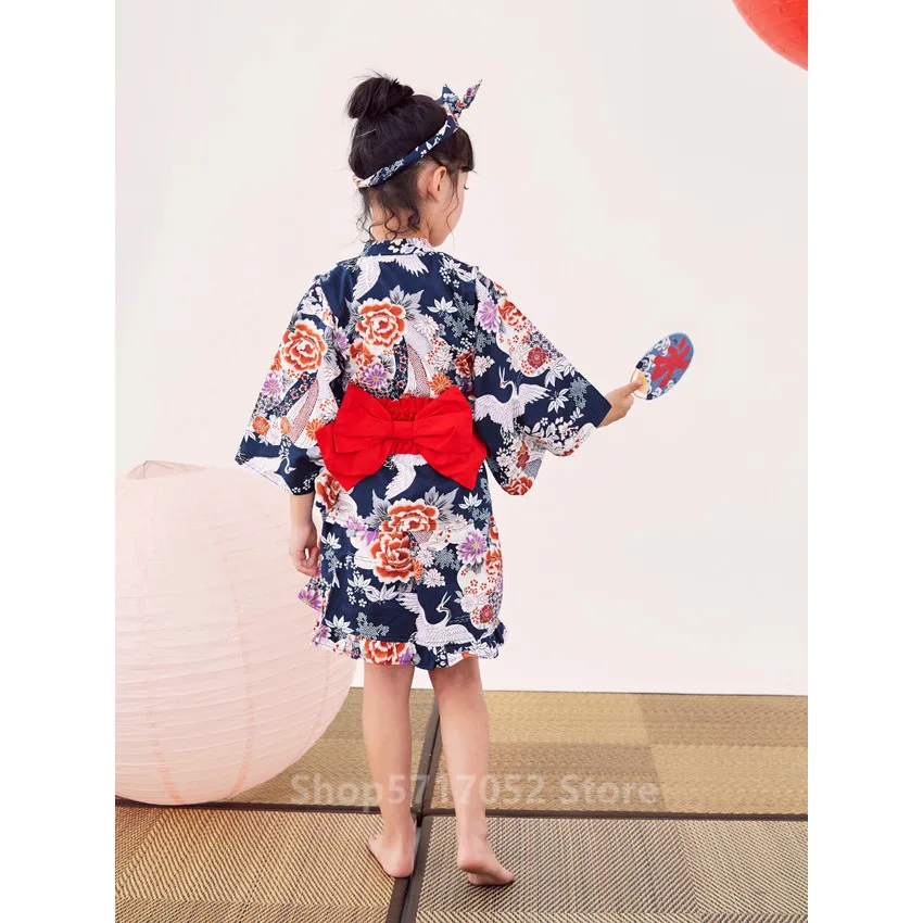 80-140CM Newborn Baby Oriental Japanese Costume Gril Sakura Kimono Dress Kids Luxury Yukata Haori Birthday Fan New Year Clothes