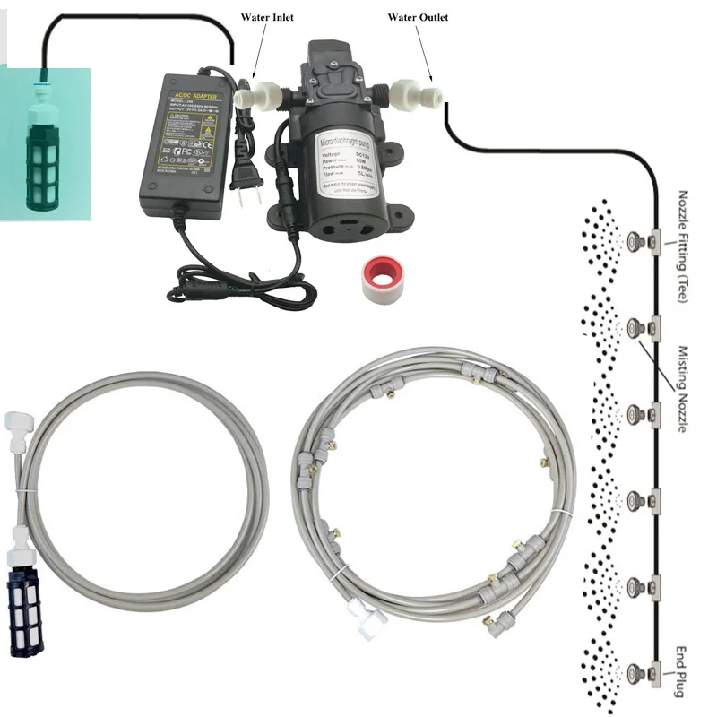 20FT-60FT 60W Diaphragm Pump Fog Machine Water Sprayer Misting Cooling System With Filter For Water Tank Mist