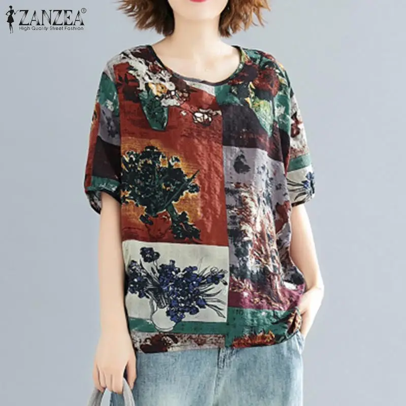 Summer Blouse ZANZEA Women Vintage Printed Tops Casual O Neck Short Sleeve Shirt Female Loose Tunic Blusas  Chemise