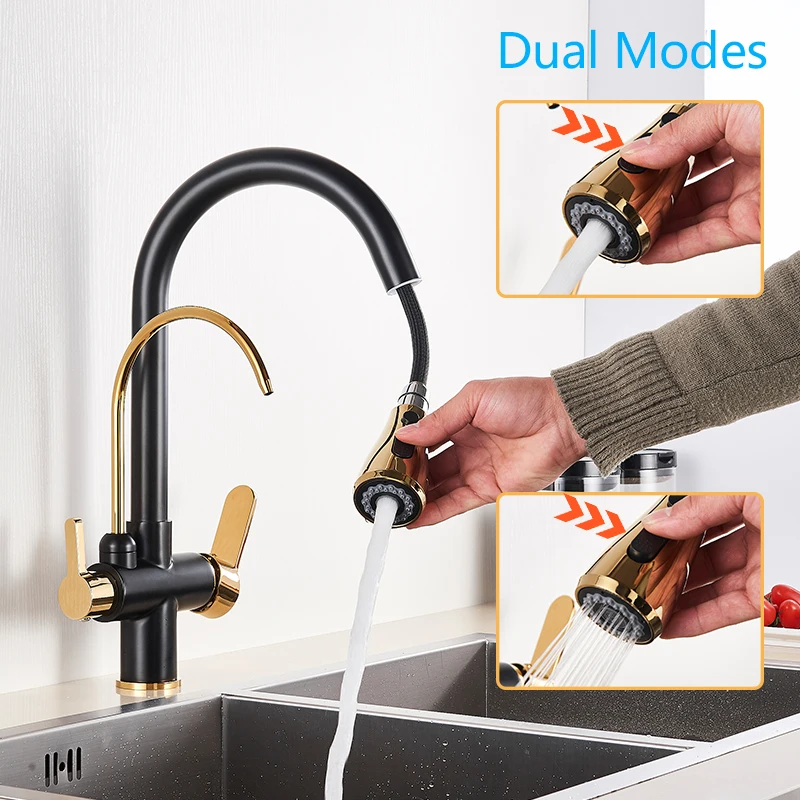 Black Gold Filter Kitchen Faucets Pure Water Rotatable Dual Spout Kitchen Faucet Dual Handles Filtered Mixer Tap For Kitchen