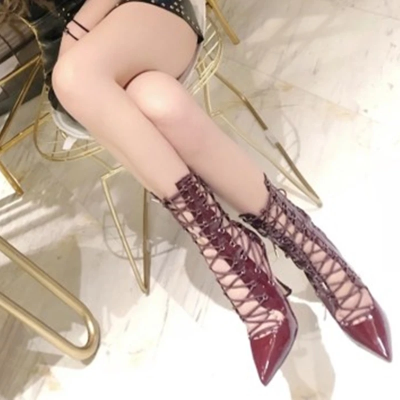 Hollow Gladiator Spring Shoes Woman Runway Party Ankle Booties Lace Up Pointed Toe Stiletto Heel Leather Pumps High Vamp Shoes