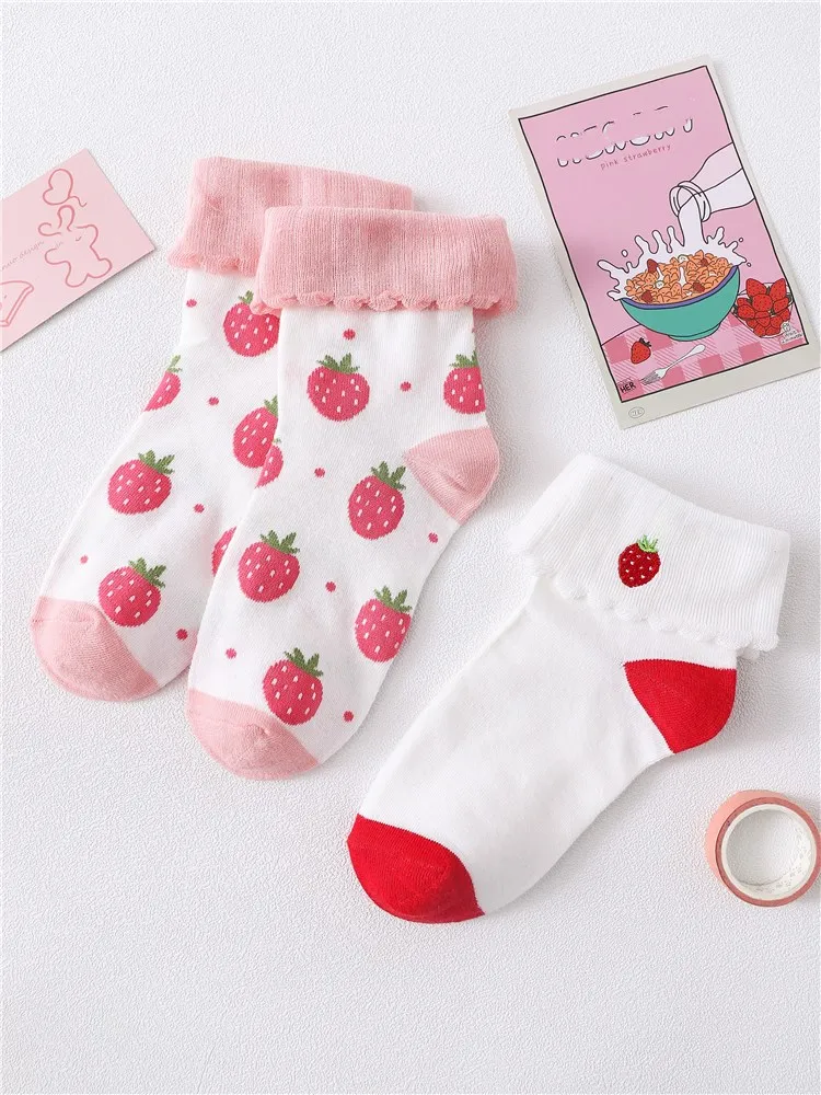 

kawaii Strawberry Ruffle Ankle Socks Women Japanese Cute Soft Girl Lolita Student Summer Autumn Short Cotton Socks Set Pink