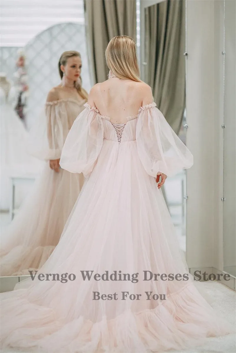 Verngo Elegante Roze Trouwjurk 2021 Zachte Tule Rok Blush Tulle Bruidsjurken Plus Size Lange Staart Simple Wedding Party jurk