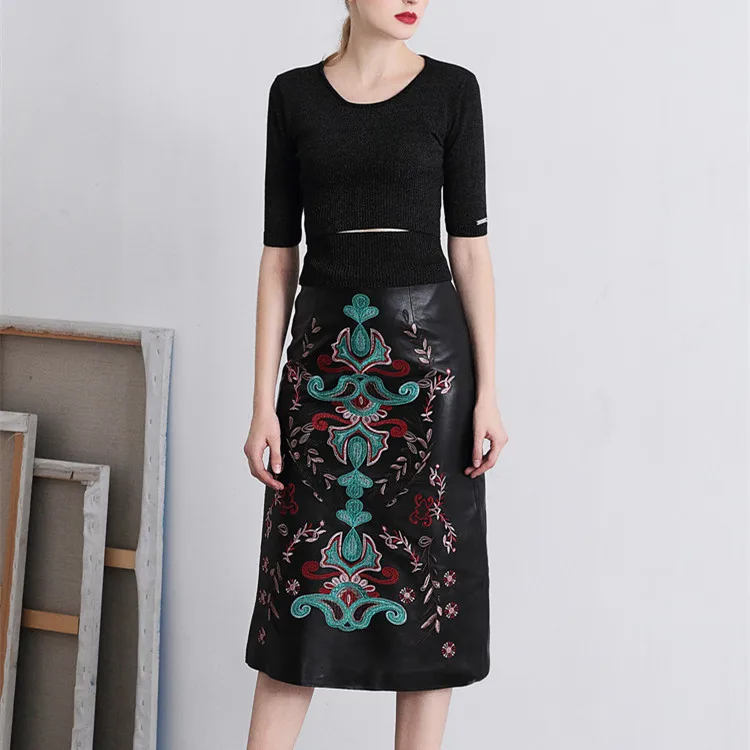 

Top brand and winter Autumn women's national wind embroidery real sheepskin leather skirt ,long skirt high quality