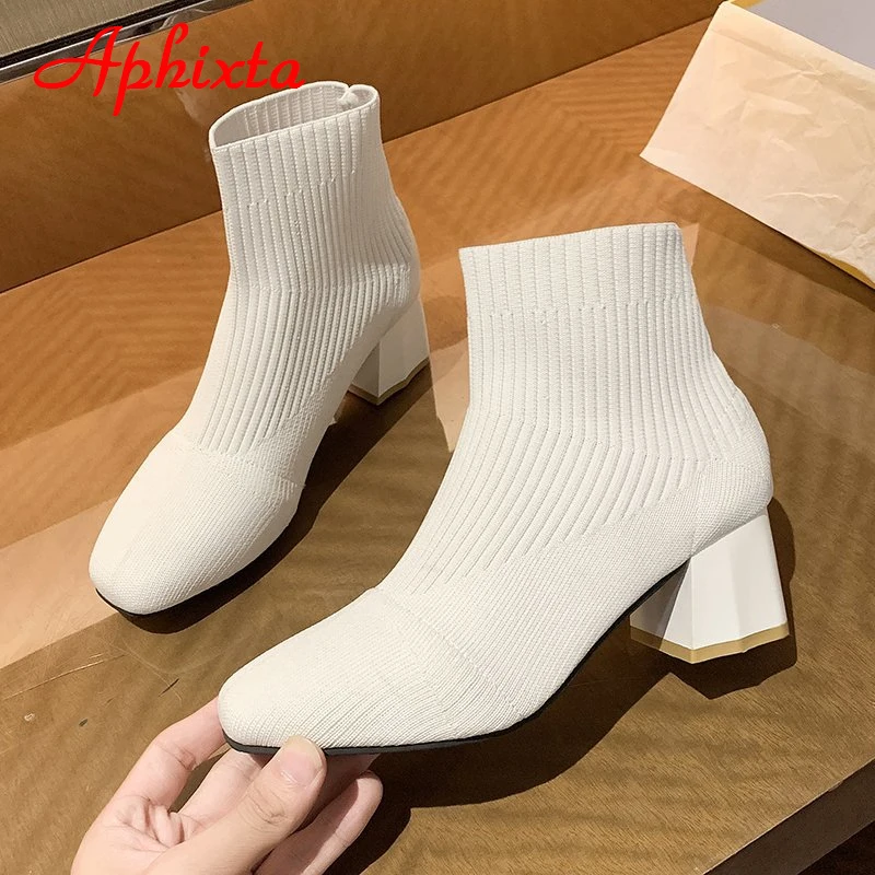 Aphixta 2022 Diamond Square Heels Socks Boots Women Beige Stretch Fabric Elastic Short Ankle Boots Shoes Woman Boats