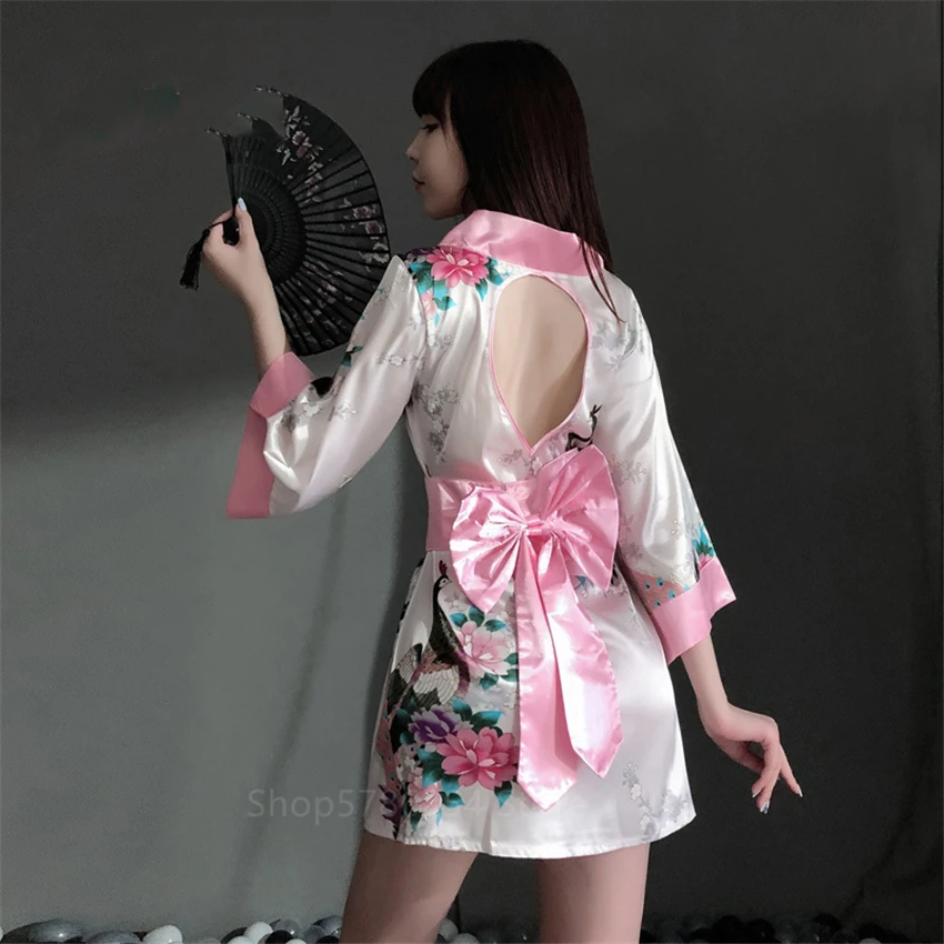 Japanese Printed Halter Kimono Female Sexy Suit Pajamas Robe Underwear Temptation Yukata Japanese Uniform Cosplay Costume Party