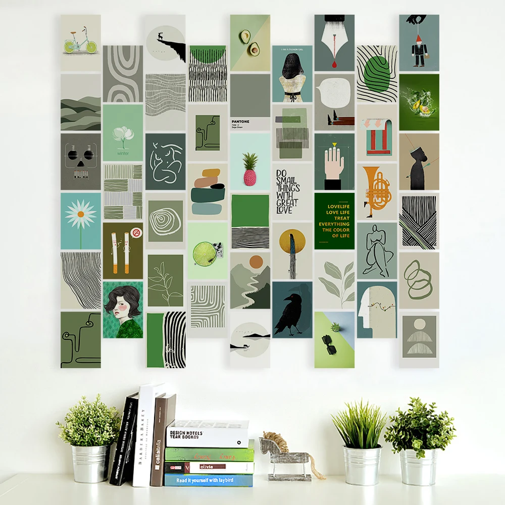 50Pcs  Abstract Plant Green Impression Artsy Series Postcard Photo Props Diy Collocation Decorative Wall Stickers Colour Card