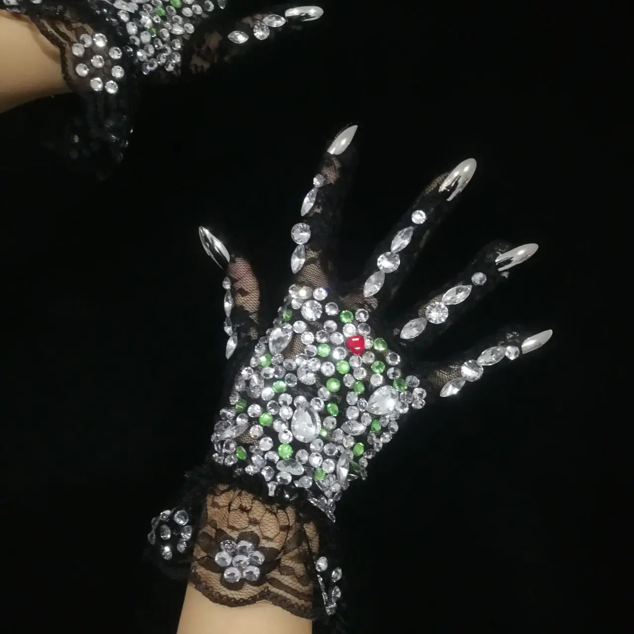 Black White Lace Gloves Wedding bride Stretch Rhinestones Crystals Short Mittens Ladies Singer Dancer Party Performance Stage