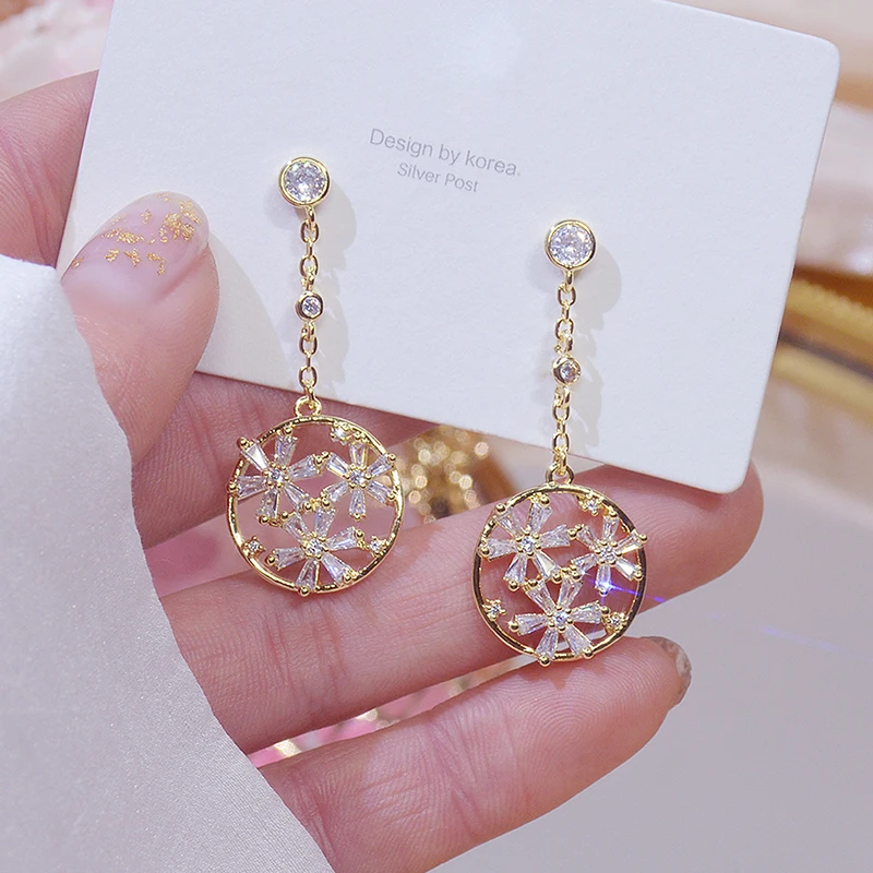 

14k Real Gold Shine Flower Round Earring for Women AAA Bling Zircon Charm Temperament Korean Stud Earrings Wedding Jewelry Gift