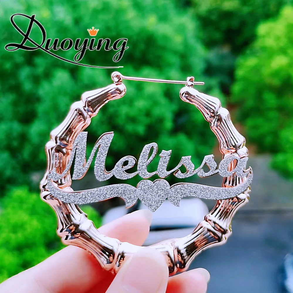 DUOYING Custom Name Earrings Personlized Shiny Letter Nameplate Sticker Custom Colorful  Bamboo Earring Jewelry For Cute Gift