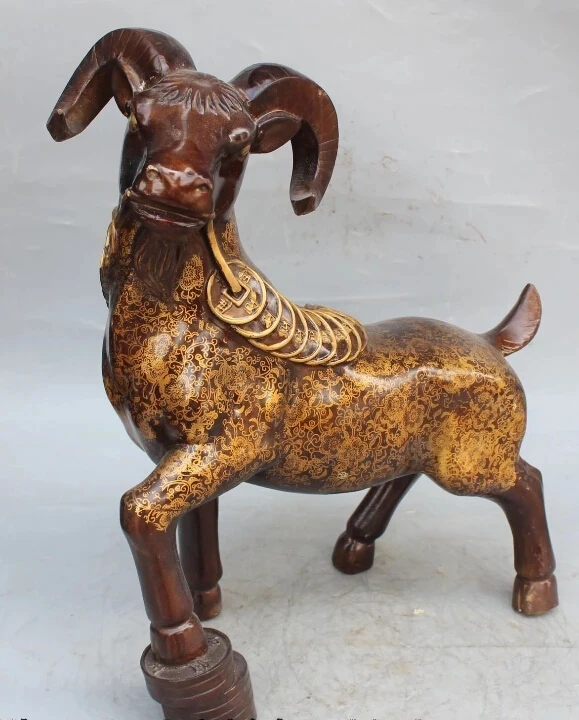 RHS0191 20"China Bronze Gilt Folk Animal Feng Shui Zodiac Year Sheep Money Wealth Statue