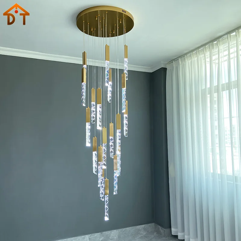 

Modern Loft LED Chandelier K9 Crystal Duplex Stair Chandeliers Living Room Hotel Ceiling Luxury Pendant Lamp Apartment Lights