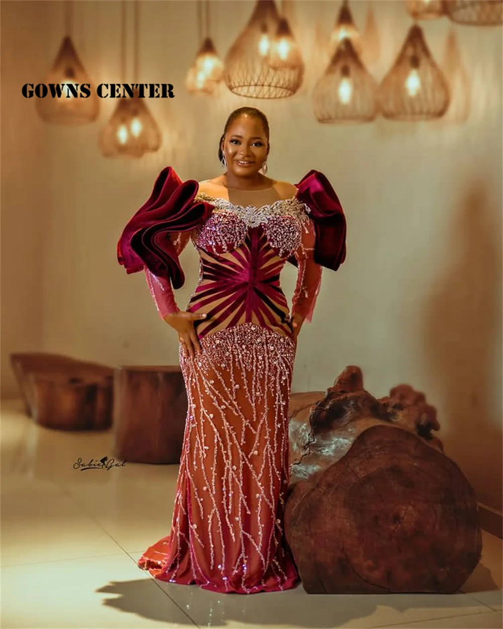 Burgundy Aso Ebi Evening Dresses Velvet Long Sleeve African Fashion Party Formal Gowns Beaded Mermaid Dinner Gown Customized