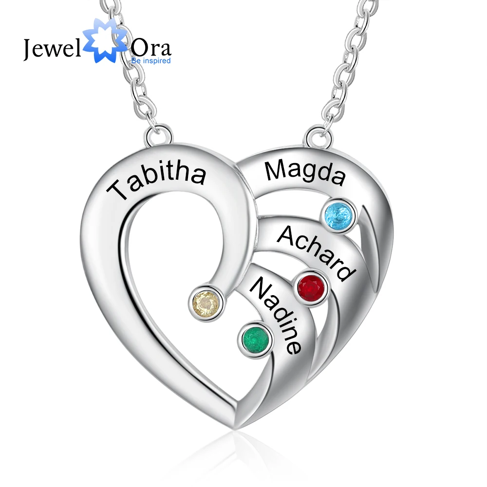 

JewelOra Designer Personalized Heart Necklace with 4 Birthstones Customizd Family Name Engraved Pendant Unique Anniversary Gift