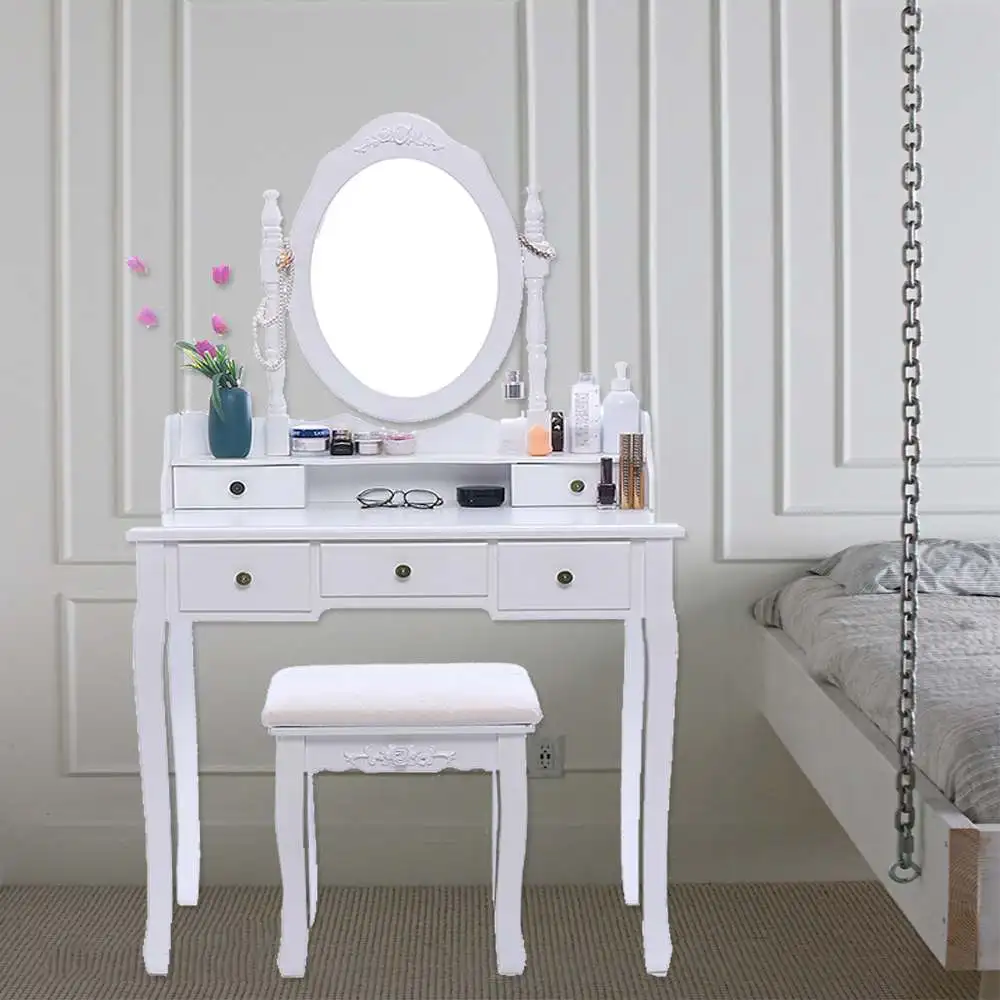 Modern Vanity Makeup Dressing Table Set Concise 5 Drawer Jewelry Organizer Mirror Dresser Chair White Makeup Vanity Table Set