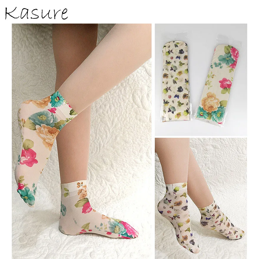 KASURE-calcetines tobilleros con estampado de flores y mariposas para mujer, medias elásticas suaves para primavera y verano, novedad