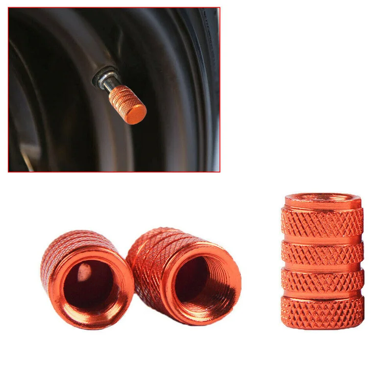 4Pcs Aluminum Piston Tire Rim Valve Stem Thread Caps Wheel Tyre Air Port Decor Dust Covers Orange Exterior Parts Car Accessories