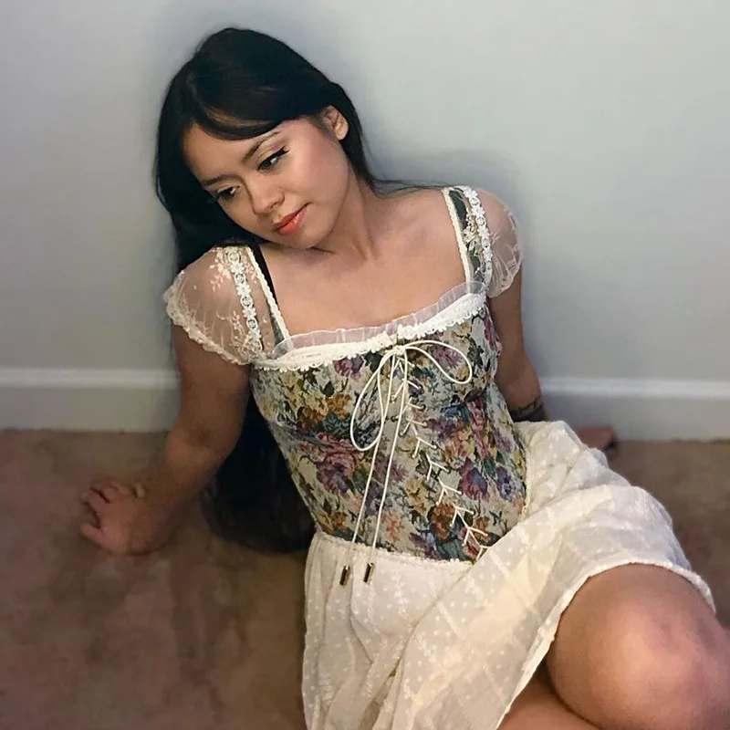 Vintage Floral Print Corset Flounce Irregular Suspender Cummerbunds Women Sexy Bodycon Boat Neck Jacquard Camisole