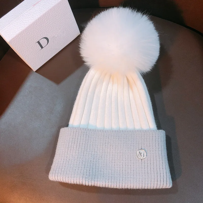 Beanies for Ladies Cotton Kintted M Letter Fox Fur Pompom Beanies Baby Hats Winter Warm Women Beanies Ear Elastic White Saller