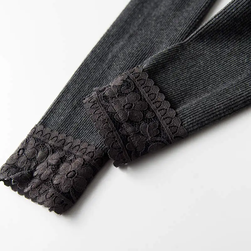 Plus Velvet Thicken Vertical Stripes Lace Stitching Leggings Women Autumn Winter Pants Stretch High Waist Cotton Leggings C6771