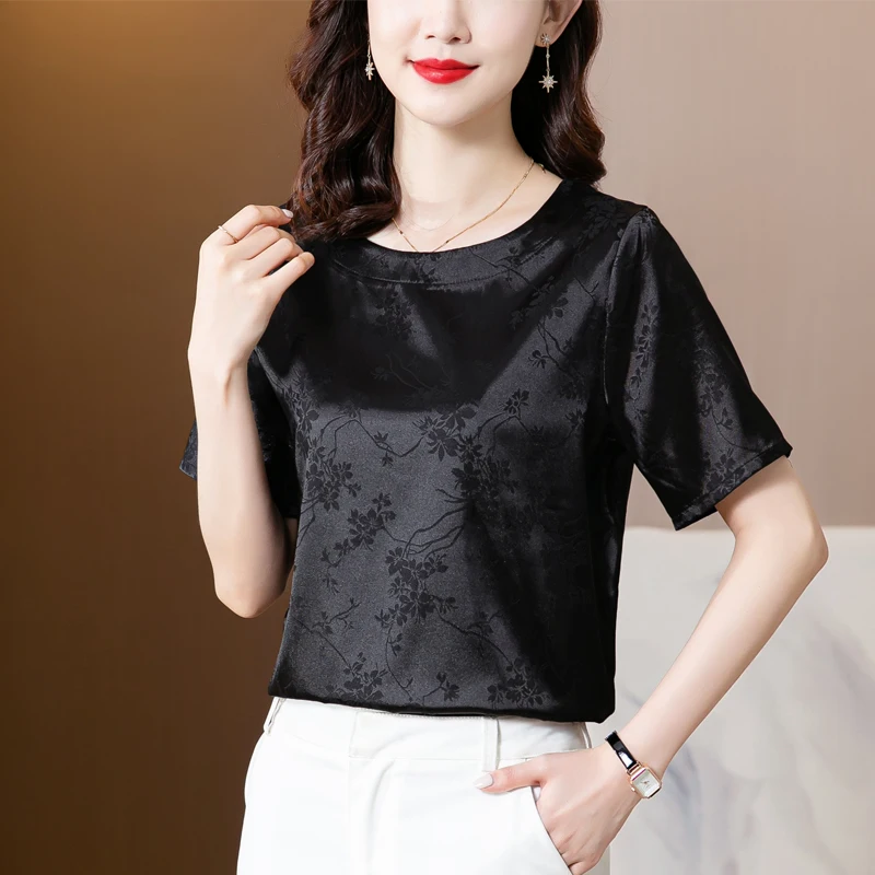 Women\'s Blouse Satin O-Neck Short shirts Pretty and Cheap White Print Silk Fashion Women Blouses 2023 Elegant Summer Female Top