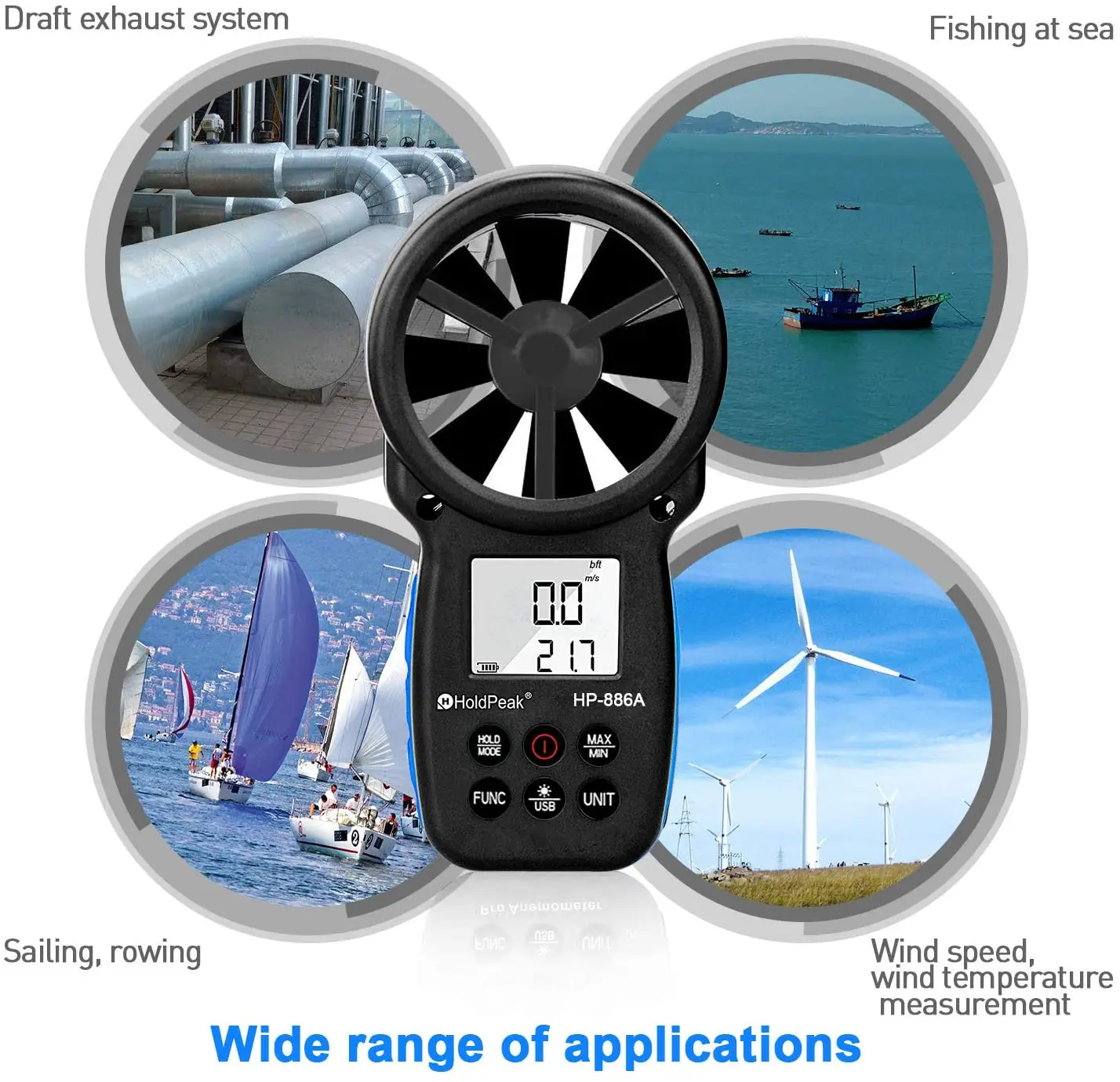 HoldPeak 866A Digital Anemometer - Wind Speed Meter Measures Wind Speed,Temperature,Wind flow with Data Hold & USB