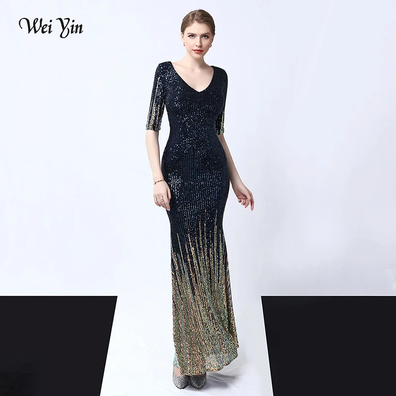 

wei yin AE0339 Luxury Navy Blue Mermaid Long Prom Dresses 2020 Sequined Half Sleeve V-Neck Sparkle Sexy Formal Party Dresses