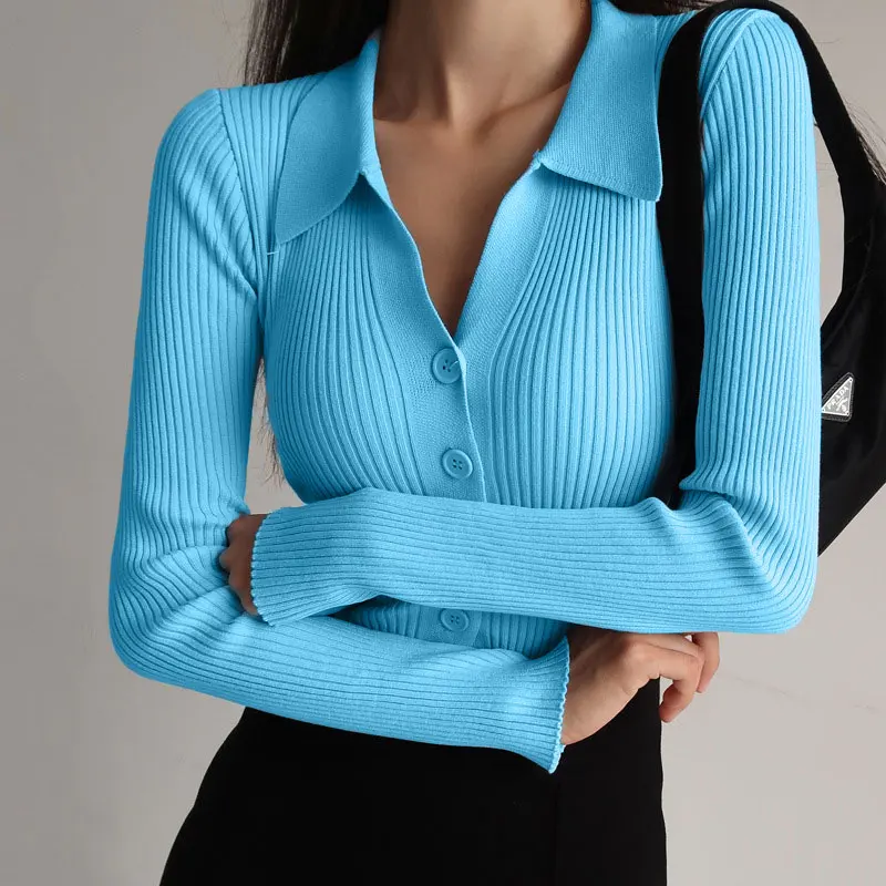 Ladies Buttons Sexy V Neck Long Sleeve POLO Neck Knit Cardigan Sweater Women Lapel Slim Tops