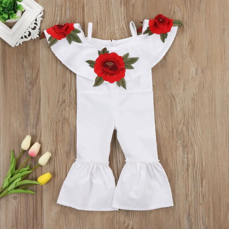 Fashion Rose Embroidery Romper Kids Baby Girls Off shoulder Flower Romper Jumpsuits Trousers Outfits Clothes